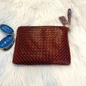 Haloguard Cognac woven embossed leather wristlets zipper clutch